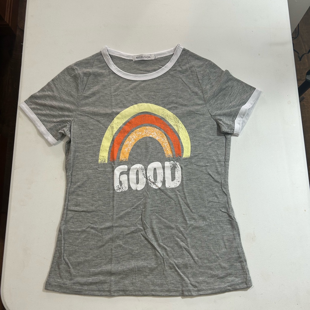 Misslook Gray Tee With Rainbow And 'Good' Print